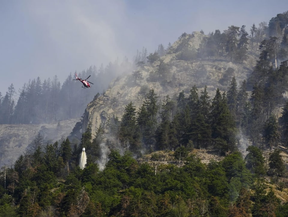 A helicopter flies over a wooded slope and drops water.