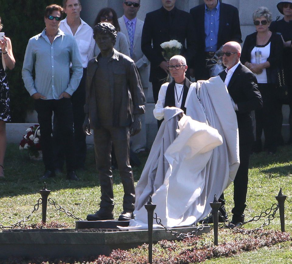 Irina and Victor Yelchin unveiled a larger-than-life statue during a funeral ceremony at Hollywood Forever Cemetery in Los Angeles on October 8, 2017, just over a year after the death of their son Anton Yelchin.