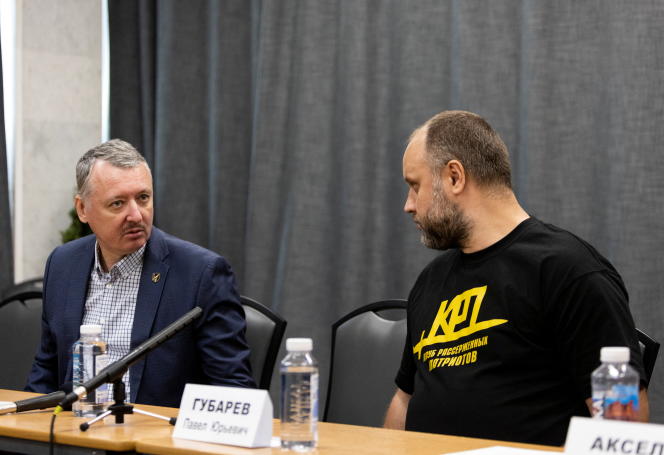Igor Girkin, a former pro-Russian separatist military commander, and Pavel Gubarev, a pro-Russian fighter from eastern Ukraine, at a press conference by the nationalist group 'Angry Patriots Club', in Moscow, on May 12, 2023.  