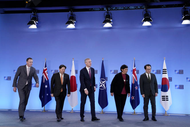 During the North Atlantic Council at NATO Headquarters in Brussels on April 5, 2023;  in the middle, NATO Secretary General Jens Stoltenberg. 