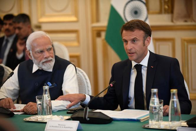 Narendra Modi and Emmanuel Macron during a meeting at the Ministry of Foreign Affairs in Paris, July 14, 2023. 