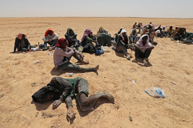 Sub-Saharan migrants abandoned in the desert on the border between Tunisia and Libya, July 16, 2023.