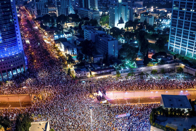 Aerial view of the protest against judicial reform in Israel, in Tel Aviv, July 8, 2023.