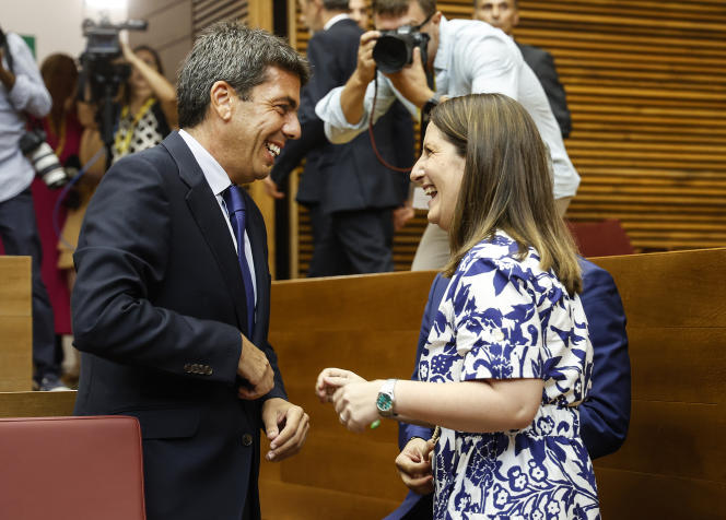 Ana Vega (VOX) and Carlos Mazon (PP) during the latter's investiture session as new president of the regional government, in the Parliament of the Community of Valencia, July 13, 2023.