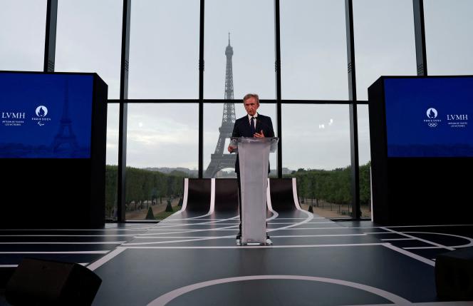 Bernard Arnault at the press conference to announce an LVMH sponsorship deal for the 2024 Paris Olympics, at the pop-up Grand Palais, in Paris, July 24, 2023.