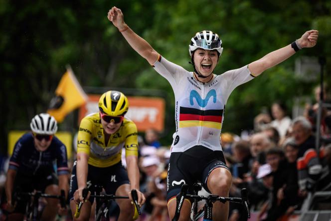 German Liane Lippert crosses the finish line and wins the second stage of the second edition of the Tour de France Women, between Clermont-Ferrand and Mauriac, on July 24, 2023.