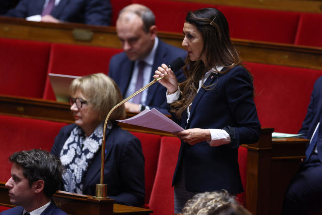 Sabrina Agresti-Roubache, MP for the Renaissance party, during a session of questions to the government at the National Assembly, in Paris, April 11, 2023. 