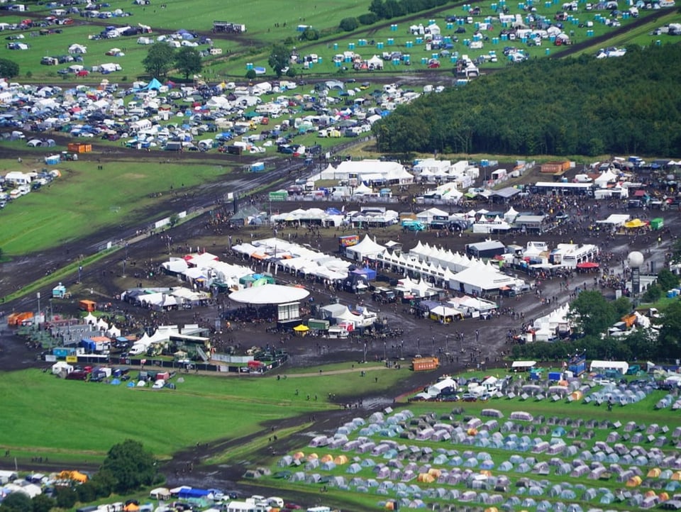 Bird's eye view of the festival site: There's mud everywhere.