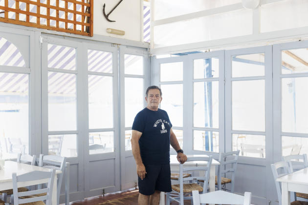 Andreas Kaikas in his restaurant, Le Chat Blanc, on the island of Poros, Greece, on July 4, 2023.