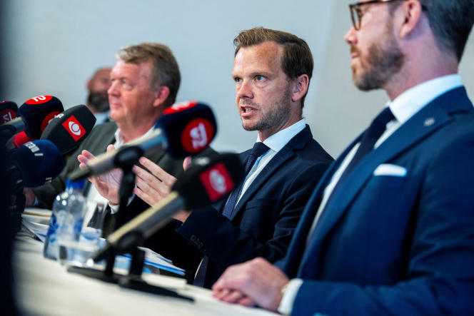 Danish Foreign Minister Lars Lokke Rasmussen, Justice Minister Peter Hummelgaard and Deputy Prime Minister Jakob Ellemann-Jensen present a bill on banning the burning of the Koran, in Copenhagen on August 25, 2023. 