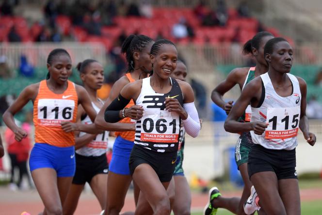Faith Kipyegon (centre) during the 5000m national trials final for the World Championships in Athletics, at the Nyayo National Stadium in Nairobi on July 7, 2023.