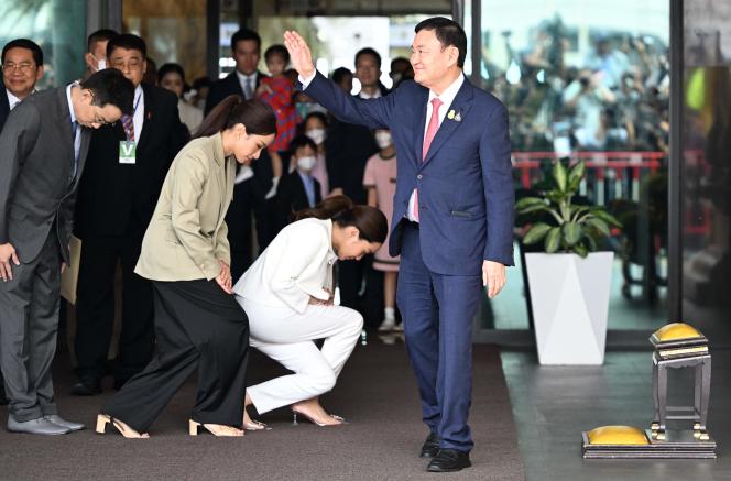 Former Prime Minister Thaksin Shinawatra upon his arrival at Don Muang Airport in Bangkok on August 22, 2023.