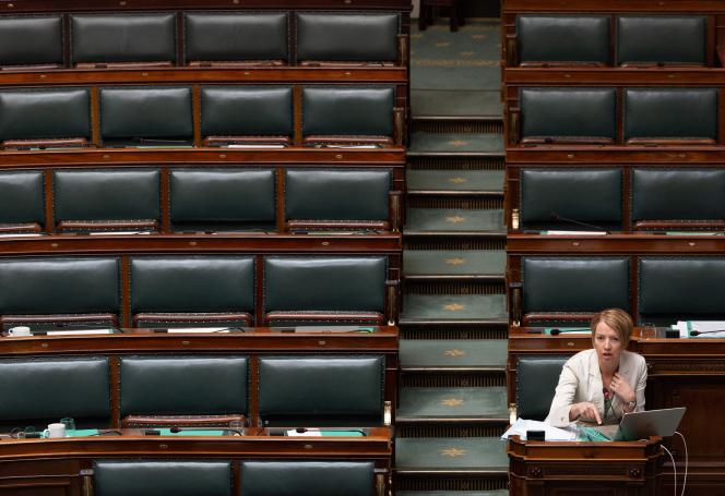 The Belgian deputy of the centrist Les Engagés party, Catherine Fonck, during a plenary session at the Federal Parliament in Brussels, July 19, 2023. 