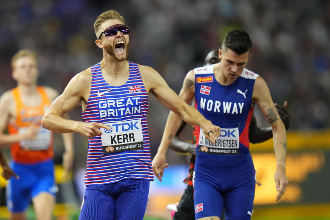 Josh Kerr crosses the finish line ahead of Jakob Ingebrigtsen to win the gold medal in the 1,500 meters final, during the World Championships in Athletics in Budapest, August 23, 2023.
