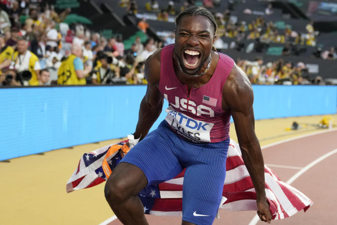 Noah Lyles celebrates celebrating his victory over 100 meters during the World Championships in Athletics in Budapest, Hungary on Sunday August 20, 2023.