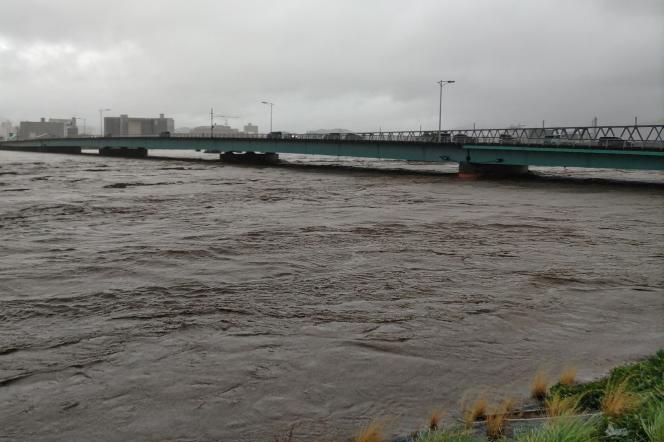 The Sendai River, swollen by heavy rain, in the city of Tottori, Tottori prefecture, on August 15, 2023.