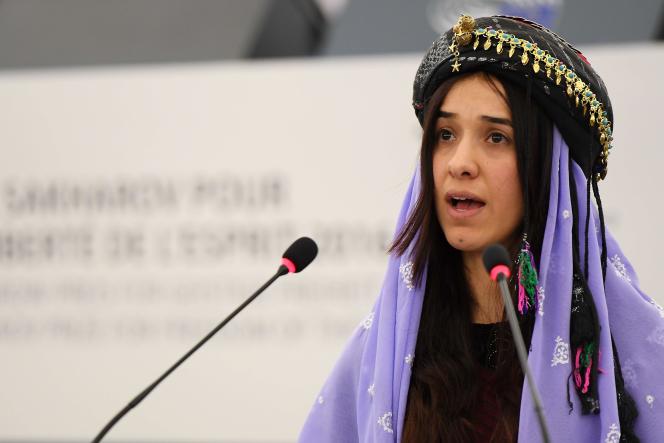 Nadia Murad, a survivor of sexual slavery in Iraq, is awarded the Sakharov Prize for Freedom of Thought by the European Parliament, December 13, 2016. She will receive the Nobel Peace Prize in 2018. 
