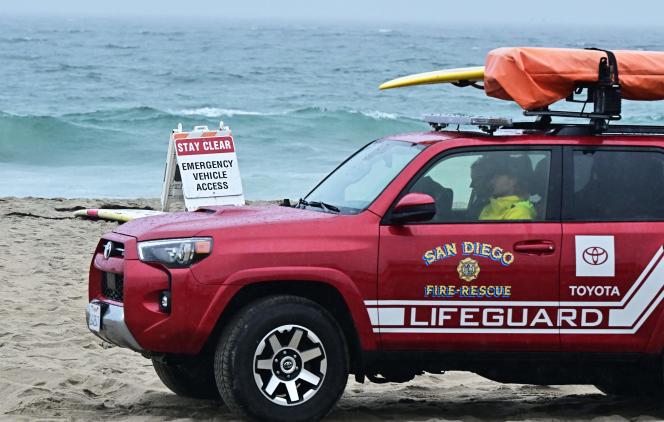 A rescue vehicle in San Diego ahead of Tropical Storm Hilary on August 20, 2023.