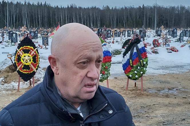 Yevgeny Prigozhin at the funeral of a Wagner Group fighter, at the Beloostrovskoye cemetery, outside Saint Petersburg, on December 24, 2022. 