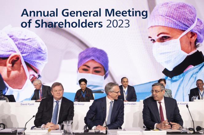 Philips CEO Roy Jakobs (center) before the start of the group's annual shareholders' meeting in Amsterdam, the Netherlands, May 9, 2023.