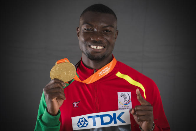 Burkinabé Hugues Zango, gold medalist in the men's triple jump at the World Athletics Championships in Budapest, August 22, 2023.