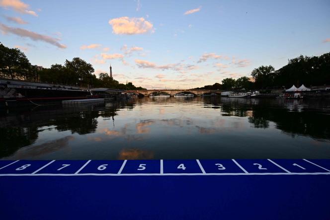 The starting line for the triathlon swimming event which was to take place in the Seine, in Paris, on August 20, 2023.