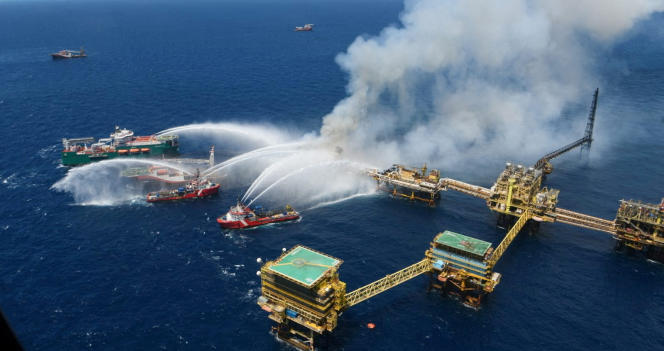 The offshore oil rig that caught fire in Pemex's Cantarell field, in the Bay of Campeche, Gulf of Mexico, Mexico, July 7, 2023.