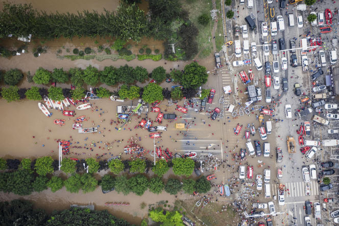 Aerial view of a street in Zhuozhou, a city in Hebei province hit by floods, on August 3, 2023. 