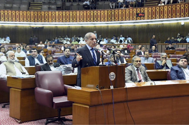 Pakistani Prime Minister Shehbaz Sharif in parliament on August 9, 2023. 