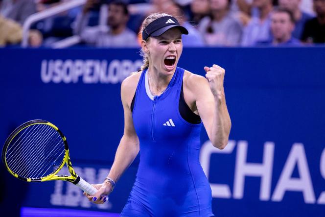 Danish Caroline Wozniacki during her victory in the first round of the US Open against Russian Tatiana Prozorova, Monday August 28, 2023.
