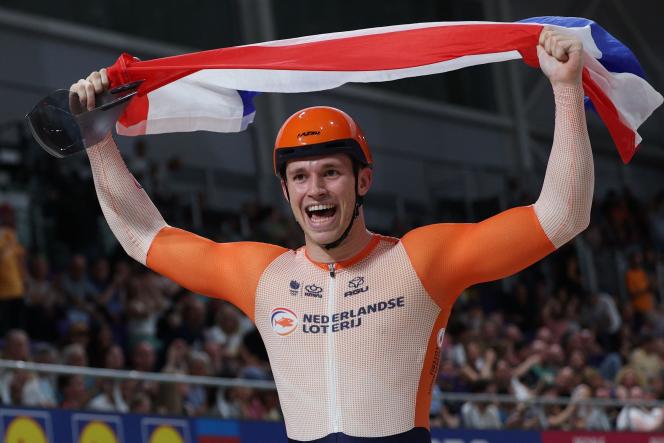 Dutchman Harrie Lavreysen at the end of the individual sprint race, during the World Cycling Championships in Glasgow (Scotland), August 7, 2023.