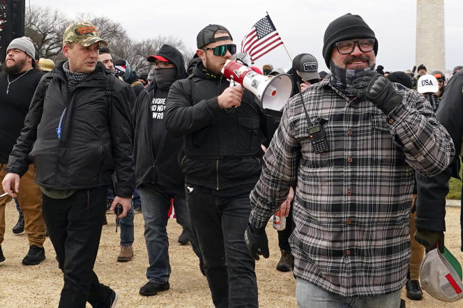Zachary Rehl, Ethan Nordean and Joseph Biggs, members of the far-right group Proud Boys, during the assault on the Capitol in Washington on January 6, 2021.