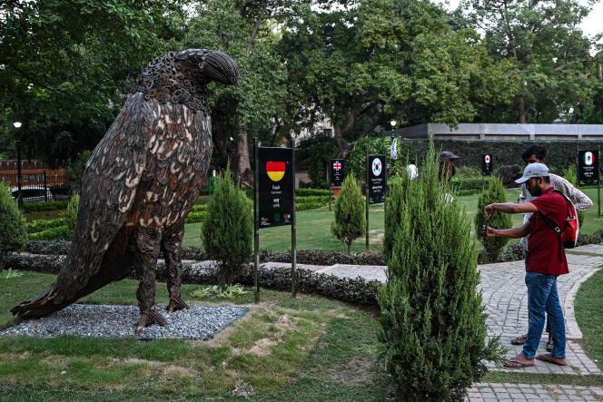In a park in New Delhi, a metal sculpture depicts the Bundesadler, Germany's national bird federal eagle, on September 5, 2023.