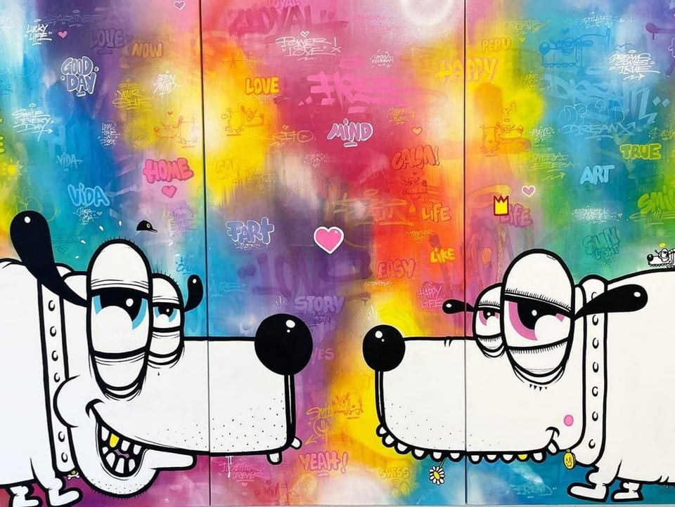 Colored graffiti image, two dogs look at each other in love