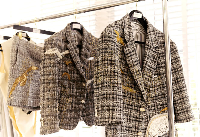 Pieces from the fall 2023 Couture collection, in the Thom Browne showroom, in Paris. 