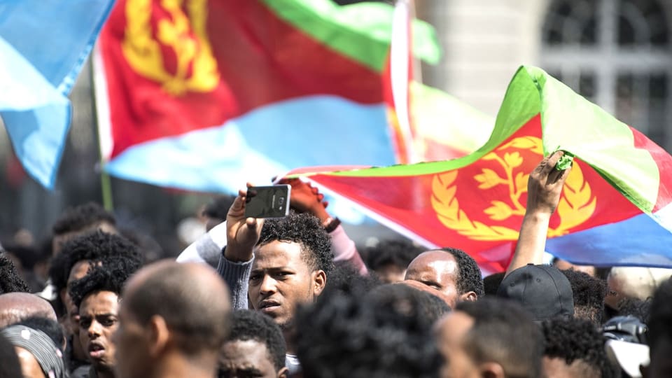 Eritrean refugees hold up Eritrean flags in Bern.