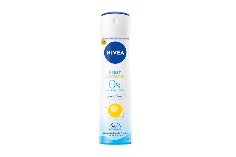 Protection without aluminum: For example, “Fresh Summer” deodorant spray from Nivea, 150 ml approx. 3 euros.