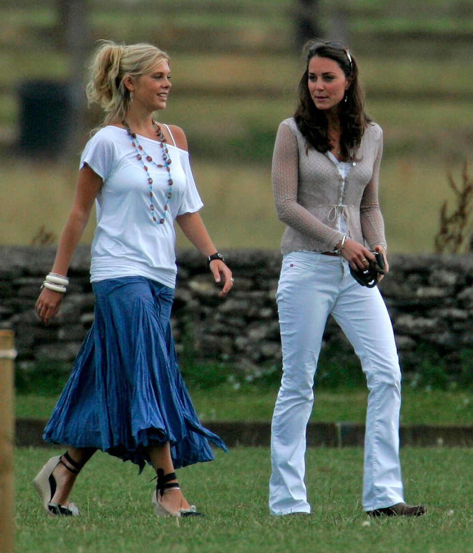 At a polo tournament, Kate appears alongside Prince Harry's ex-girlfriend Chelsy Davy in white bootcut jeans. 