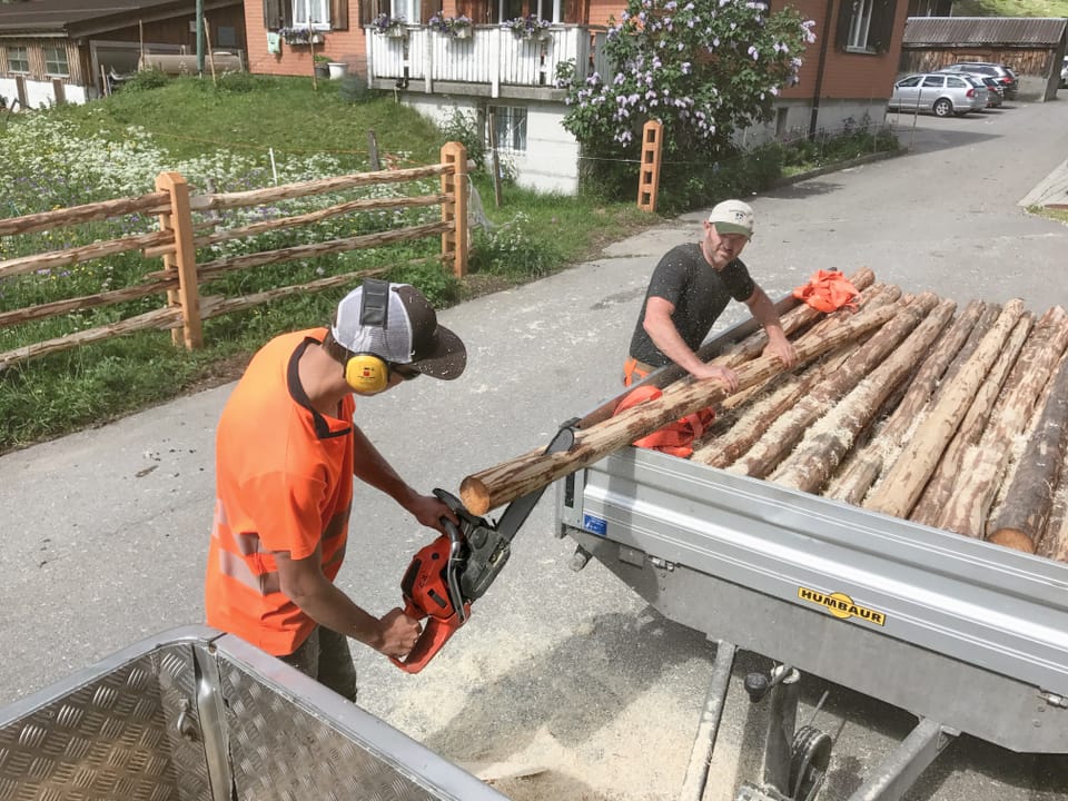 Men unload wood from a trailer.