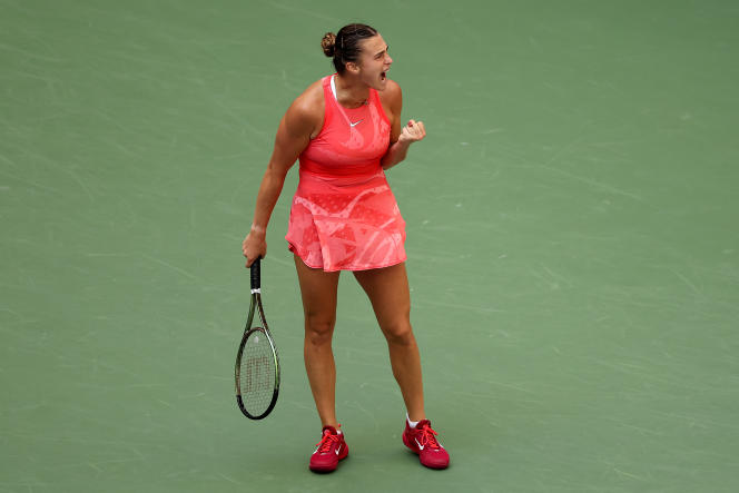 Belarusian Aryna Sabalenka during her match against Chinese Qinwen Zheng in the quarterfinals of the US Open, in New York, September 6, 2023.