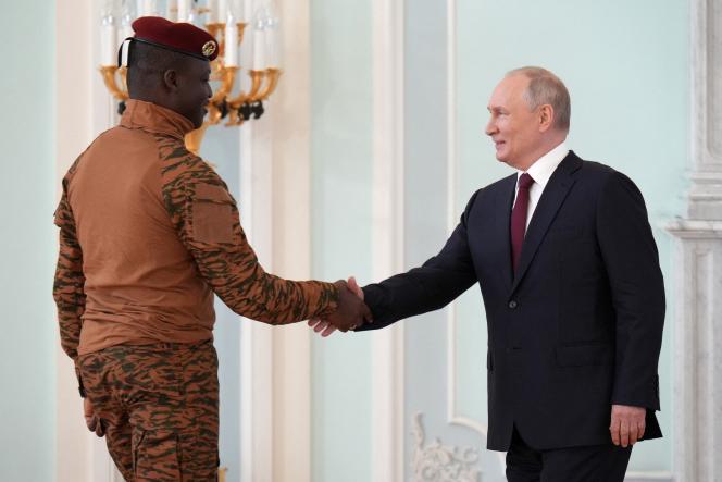 Burkina Faso's junta leader Captain Ibrahim Traore (left) and Russian President Vladimir Putin in Strelna, near St. Petersburg, July 29, 2023.