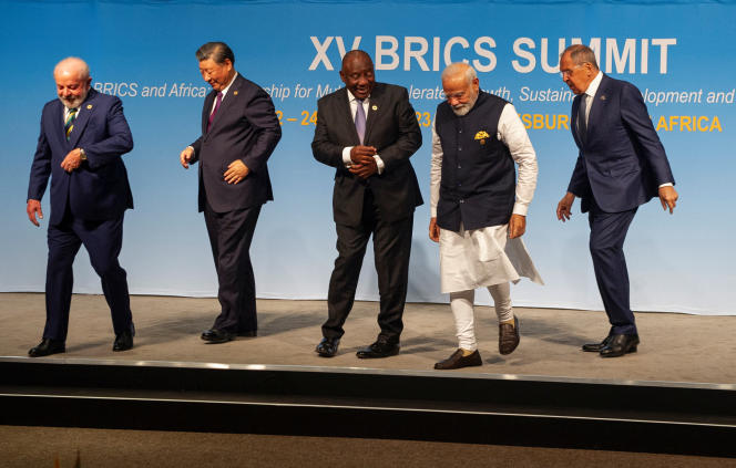 Brazilian President Luiz Inacio Lula da Silva, Chinese President Xi Jinping, South African President Cyril Ramaphosa, Indian Prime Minister Narendra Modi and Russian Foreign Minister Sergei Lavrov at the BRICS summit, in Johannesburg, South Africa, on August 23, 2023. 