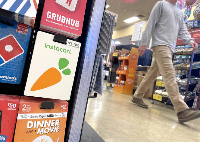 Instacart gift cards are on display at a supermarket on August 28, 2023 in San Anselmo, California.