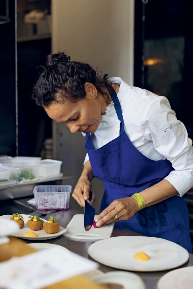 Alessandra Montagne, in the kitchen of her restaurant Nosso, in the 13th arrondissement of Paris, preparing pork croquettes.