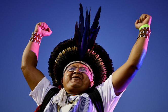 A Xokleng celebrates the vote of Brazil's Supreme Court on the rights of indigenous people to their land, in Brasilia, September 21, 2023.