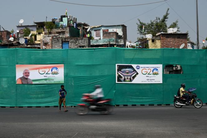 A New Delhi slum hidden behind G20 posters on September 5, 2023.