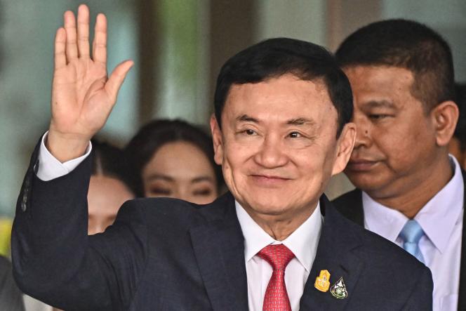 Former Thai Prime Minister Thaksin Shinawatra thanks people who came to cheer him on his arrival in Thailand after fifteen years of exile, in Bangkok, on August 22, 2023.