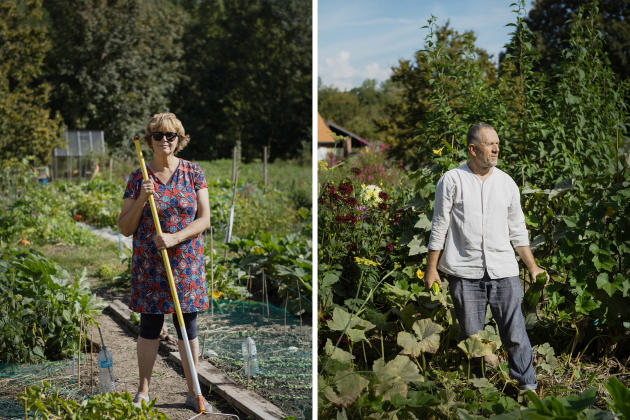 On the left, Teresa Scelci on her plot;  on the right, Olivier Muzellec, on the one he has been cultivating since the end of April.