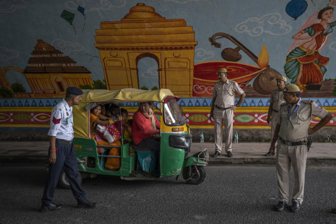 A traffic checkpoint set up ahead of the G20 summit in New Delhi on September 8, 2023. 