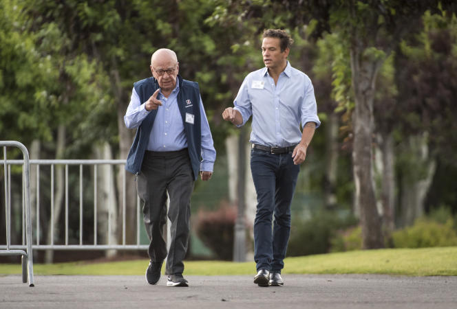 Rupert Murdoch, and Lachlan Murdoch arrive for a morning session at the Allen & Co. Media and Technology Conference in Sun Valley, Idaho, United States, July 13, 2018.